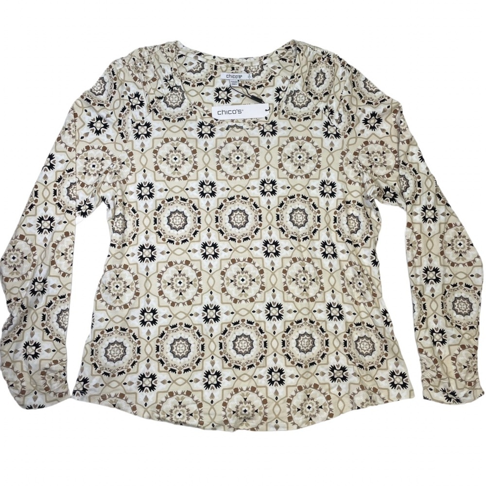 Chico's NWT Touch of Cool Arabesque Knit Top Beige Brown Wild Truffle Women’s L